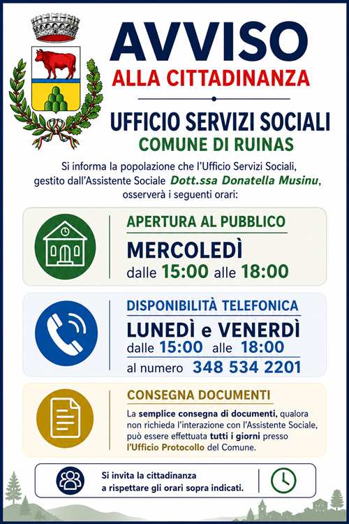 Orario apertura Ufficio Servizi Sociali